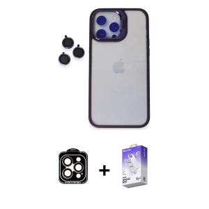 ieg™ iPhone 14 Pro Max Kılıf Yankı Asil Serisi - Siyah Bilvis 5in1 3D Magic Cam Ekran Koruyucu + PVD Metal Kamera Lens - TU