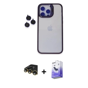 ieg™ iPhone 14 Pro Max Kılıf Yankı Asil Serisi - Siyah Bilvis 5in1 5D Magic Hayalet Cam Ekran Koruyucu + Raze Metal Kamera Lens - GD