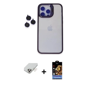 ieg™ iPhone 14 Pro Max Kılıf Yankı Asil Serisi - Siyah Buffer Hayalet Cam Ekran Koruyucu + Band Metal Kamera Lens - GD