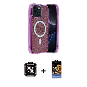 ieg™ iPhone 15 Kılıf Eksen Çizgi - Siyah Buffer Hayalet Cam Ekran Koruyucu + PVD Metal Kamera Lens - TU