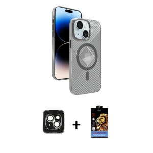 ieg™ iPhone 15 Kılıf Nova Modern Prime - Siyah Buffer Hayalet Cam Ekran Koruyucu + PVD Metal Kamera Lens - YL