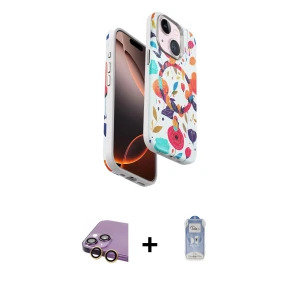 ieg™ iPhone 15 Kılıf Siluet Doku - Siyah Joko Magic 5D Cam + Raze Metal Kamera Lens - SI