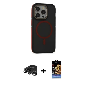 ieg™ iPhone 15 Pro Kılıf Ahenk Form Serisi - Siyah Buffer Hayalet Cam Ekran Koruyucu + Raze Metal Kamera Lens - TMGI
