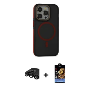 ieg™ iPhone 15 Pro Kılıf Ahenk Form Serisi - Siyah Buffer Hayalet Cam Ekran Koruyucu + Raze Metal Kamera Lens - SH