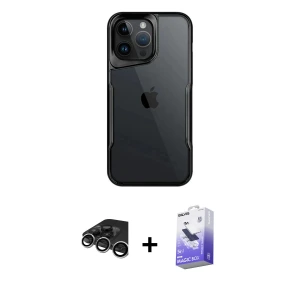 ieg™ iPhone 15 Pro Kılıf Akış Çizgi Koleksiyonu - Siyah Bilvis 5in1 5D Magic Hayalet Cam Ekran Koruyucu + Raze Metal Kamera Lens - GS