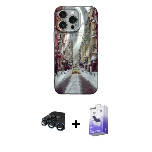 ieg™ iPhone 15 Pro Kılıf Nova Doku Prime - Siyah Bilvis 5in1 5D Magic Hayalet Cam Ekran Koruyucu + Raze Metal Kamera Lens - LT