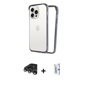 ieg™ iPhone 15 Pro Kılıf Pusula Asil Koleksiyonu - Siyah Bilvis 0.18mm Plus Cam Ekran Koruyucu + Raze Metal Kamera Lens - GS