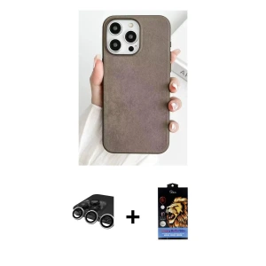 ieg™ iPhone 15 Pro Kılıf Pusula Modern - Siyah Buffer Hayalet Cam Ekran Koruyucu + Raze Metal Kamera Lens - GS