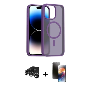 ieg™ iPhone 15 Pro Kılıf Siluet Minimal Prime - Siyah 3D Antistatik Mat Seramik Nano Ekran Koruyucu + Raze Metal Kamera Lens - GS