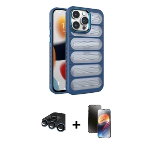 ieg™ iPhone 15 Pro Kılıf Yadigar Doku Özel Seri - Siyah 3D Antistatik Mat Seramik Nano Ekran Koruyucu + Raze Metal Kamera Lens - LT