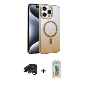 ieg™ iPhone 15 Pro Max Kılıf Ahenk Doku Özel Seri - Siyah Polymer Nano Ekran Koruyucu + Raze Metal Kamera Lens - LT