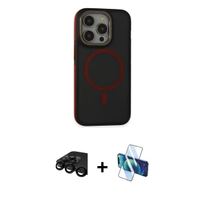 ieg™ iPhone 15 Pro Max Kılıf Ahenk Form Serisi - Siyah 3D Antistatik Seramik Nano Ekran Koruyucu + Raze Metal Kamera Lens - SH