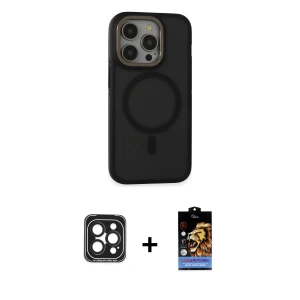 ieg™ iPhone 15 Pro Max Kılıf Ahenk Form Serisi - Siyah Buffer Hayalet Cam Ekran Koruyucu + PVD Metal Kamera Lens - SH