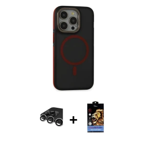 ieg™ iPhone 15 Pro Max Kılıf Ahenk Form Serisi - Siyah Buffer Hayalet Cam Ekran Koruyucu + Raze Metal Kamera Lens - GS