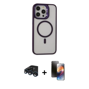 ieg™ iPhone 15 Pro Max Kılıf Ahenk Klasik Özel Seri - Siyah 3D Antistatik Mat Seramik Nano Ekran Koruyucu + Raze Metal Kamera Lens - LT