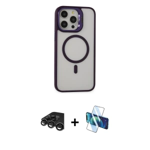 ieg™ iPhone 15 Pro Max Kılıf Ahenk Klasik Özel Seri - Siyah 3D Antistatik Seramik Nano Ekran Koruyucu + Raze Metal Kamera Lens - TMGI