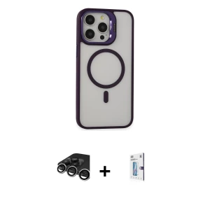 ieg™ iPhone 15 Pro Max Kılıf Ahenk Klasik Özel Seri - Siyah Bilvis 0.18mm Plus Cam Ekran Koruyucu + Raze Metal Kamera Lens - GS