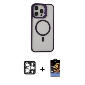 ieg™ iPhone 15 Pro Max Kılıf Ahenk Klasik Özel Seri - Siyah Buffer Hayalet Cam Ekran Koruyucu + PVD Metal Kamera Lens - GS