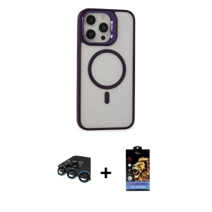 ieg™ iPhone 15 Pro Max Kılıf Ahenk Klasik Özel Seri - Siyah Buffer Hayalet Cam Ekran Koruyucu + Raze Metal Kamera Lens - LT