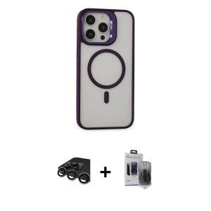 ieg™ iPhone 15 Pro Max Kılıf Ahenk Klasik Özel Seri - Siyah Vanessa Magic Hayalet Cam + Raze Metal Kamera Lens - TMGI