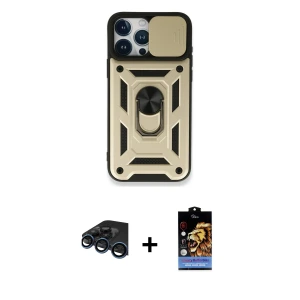 ieg™ iPhone 15 Pro Max Kılıf Ahenk Klasik - Siyah Buffer Hayalet Cam Ekran Koruyucu + Raze Metal Kamera Lens - LT