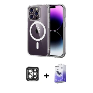 ieg™ iPhone 15 Pro Max Kılıf Ahenk Minimal Serisi - Siyah Bilvis 5in1 5D Magic Hayalet Cam Ekran Koruyucu + PVD Metal Kamera Lens - GI