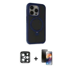 ieg™ iPhone 15 Pro Max Kılıf Ahenk Yansıma Özel Seri - Siyah 3D Antistatik Mat Seramik Nano Ekran Koruyucu + PVD Metal Kamera Lens - LT