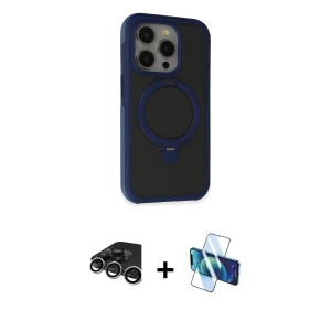 ieg™ iPhone 15 Pro Max Kılıf Ahenk Yansıma Özel Seri - Siyah 3D Antistatik Seramik Nano Ekran Koruyucu + Raze Metal Kamera Lens - GS