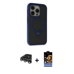 ieg™ iPhone 15 Pro Max Kılıf Ahenk Yansıma Özel Seri - Siyah Buffer Hayalet Cam Ekran Koruyucu + Raze Metal Kamera Lens - GS