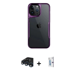 ieg™ iPhone 15 Pro Max Kılıf Akış Çizgi Koleksiyonu - Siyah Bilvis 0.18mm Plus Cam Ekran Koruyucu + Raze Metal Kamera Lens - LT