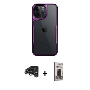 ieg™ iPhone 15 Pro Max Kılıf Akış Çizgi Koleksiyonu - Siyah Bilvis Hayalet Cam Ekran Koruyucu + Raze Metal Kamera Lens - GS