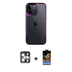 ieg™ iPhone 15 Pro Max Kılıf Akış Çizgi Koleksiyonu - Siyah Buffer Hayalet Cam Ekran Koruyucu + PVD Metal Kamera Lens - GS