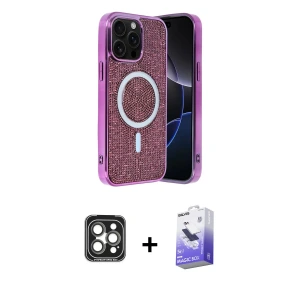 ieg™ iPhone 15 Pro Max Kılıf Eksen Çizgi - Siyah Bilvis 5in1 5D Magic Hayalet Cam Ekran Koruyucu + PVD Metal Kamera Lens - GI