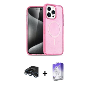 ieg™ iPhone 15 Pro Max Kılıf Eksen Doku Koleksiyonu - Siyah Bilvis 5in1 3D Magic Cam Ekran Koruyucu + Raze Metal Kamera Lens - LT