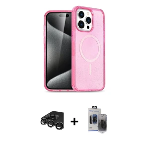 ieg™ iPhone 15 Pro Max Kılıf Eksen Doku Koleksiyonu - Siyah Vanessa Magic Hayalet Cam + Raze Metal Kamera Lens - TMGI