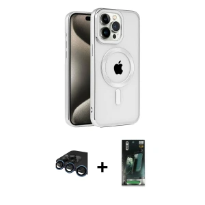 ieg™ iPhone 15 Pro Max Kılıf Eksen Form Koleksiyonu - Şeffaf 360 Full Body Arka Koruyucu + Raze Metal Kamera Lens - LT