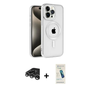 ieg™ iPhone 15 Pro Max Kılıf Eksen Form Koleksiyonu - Şeffaf Pasifik Cam Ekran Koruyucu + Raze Metal Kamera Lens - GS