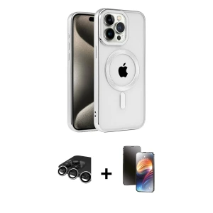 ieg™ iPhone 15 Pro Max Kılıf Eksen Form Koleksiyonu - Siyah 3D Antistatik Mat Seramik Nano Ekran Koruyucu + Raze Metal Kamera Lens - GS