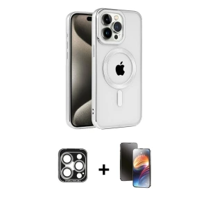 ieg™ iPhone 15 Pro Max Kılıf Eksen Form Koleksiyonu - Siyah 3D Antistatik Mat Seramik Nano Ekran Koruyucu + PVD Metal Kamera Lens - GS