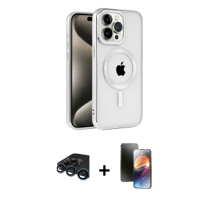 ieg™ iPhone 15 Pro Max Kılıf Eksen Form Koleksiyonu - Siyah 3D Antistatik Mat Seramik Nano Ekran Koruyucu + Raze Metal Kamera Lens - LT