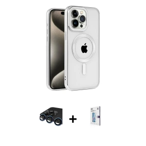 ieg™ iPhone 15 Pro Max Kılıf Eksen Form Koleksiyonu - Siyah Bilvis 0.18mm Plus Cam Ekran Koruyucu + Raze Metal Kamera Lens - LT