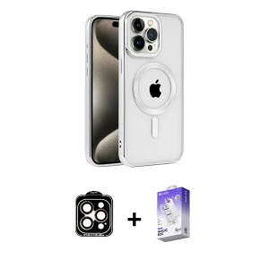 ieg™ iPhone 15 Pro Max Kılıf Eksen Form Koleksiyonu - Siyah Bilvis 5in1 3D Magic Cam Ekran Koruyucu + PVD Metal Kamera Lens - TU