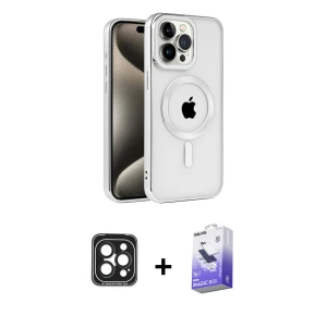 ieg™ iPhone 15 Pro Max Kılıf Eksen Form Koleksiyonu - Siyah Bilvis 5in1 5D Magic Hayalet Cam Ekran Koruyucu + PVD Metal Kamera Lens - SH