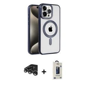 ieg™ iPhone 15 Pro Max Kılıf Eksen Form Koleksiyonu - Siyah Bilvis Hayalet Cam Ekran Koruyucu + Raze Metal Kamera Lens - GS