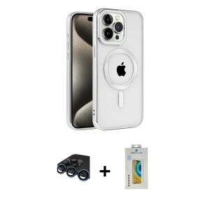 ieg™ iPhone 15 Pro Max Kılıf Eksen Form Koleksiyonu - Siyah Polymer Nano Ekran Koruyucu + Raze Metal Kamera Lens - LT