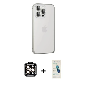 ieg™ iPhone 15 Pro Max Kılıf Eksen Form Serisi - Şeffaf Pasifik Cam Ekran Koruyucu + PVD Metal Kamera Lens - TU