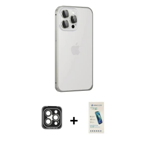 ieg™ iPhone 15 Pro Max Kılıf Eksen Form Serisi - Şeffaf Pasifik Cam Ekran Koruyucu + PVD Metal Kamera Lens - GI