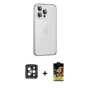 ieg™ iPhone 15 Pro Max Kılıf Eksen Form Serisi - Siyah Buffer Cam Ekran Koruyucu + PVD Metal Kamera Lens - SH