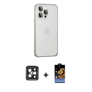 ieg™ iPhone 15 Pro Max Kılıf Eksen Form Serisi - Siyah Buffer Hayalet Cam Ekran Koruyucu + PVD Metal Kamera Lens - SH