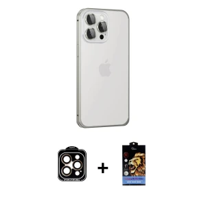 ieg™ iPhone 15 Pro Max Kılıf Eksen Form Serisi - Siyah Buffer Hayalet Cam Ekran Koruyucu + PVD Metal Kamera Lens - TU